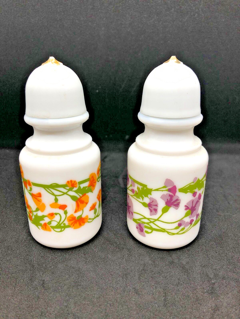Avon Milk Glass Retro 70's Salt & Pepper Shakers White Orange Purple Flowers